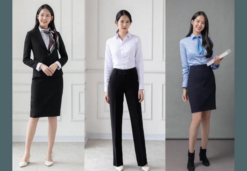 Một cô gái đang tạo dáng chuyên nghiệp trong trang phục công sở: áo sơ mi trắng, chân váy xếp ly dài màu xanh navy và giày cao gót, thể hiện phong cách phối đồ với chân váy xếp ly dài phù hợp môi trường làm việc
